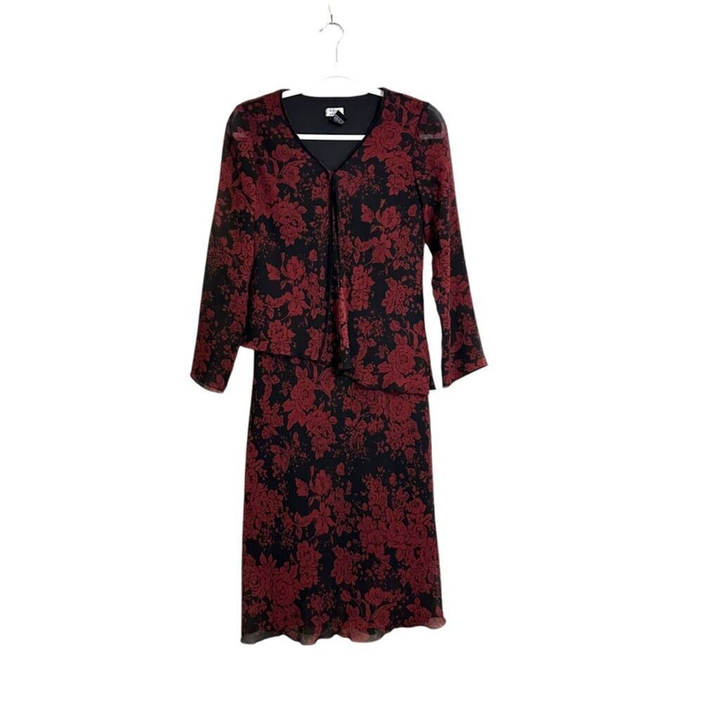 VTG Believe‎ Petite Floral Dress Women's 6 Black Red Lined Sheer Goth Witch
